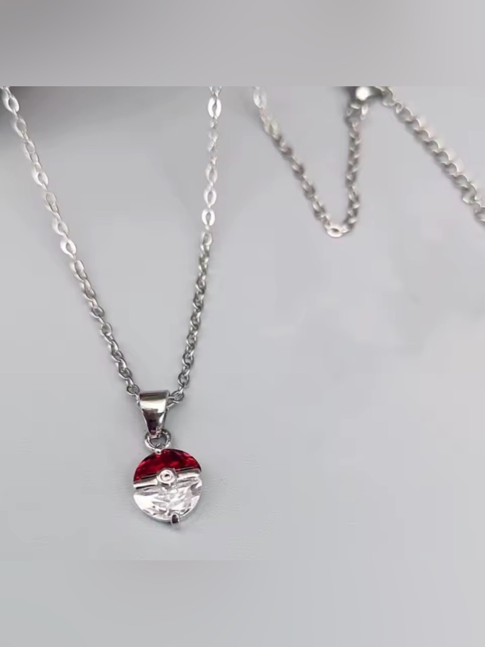 18K White Gold (Rhodium) Unisex Pokemon Pokeball Statement Gemstone Necklace - Picture 2 of 6